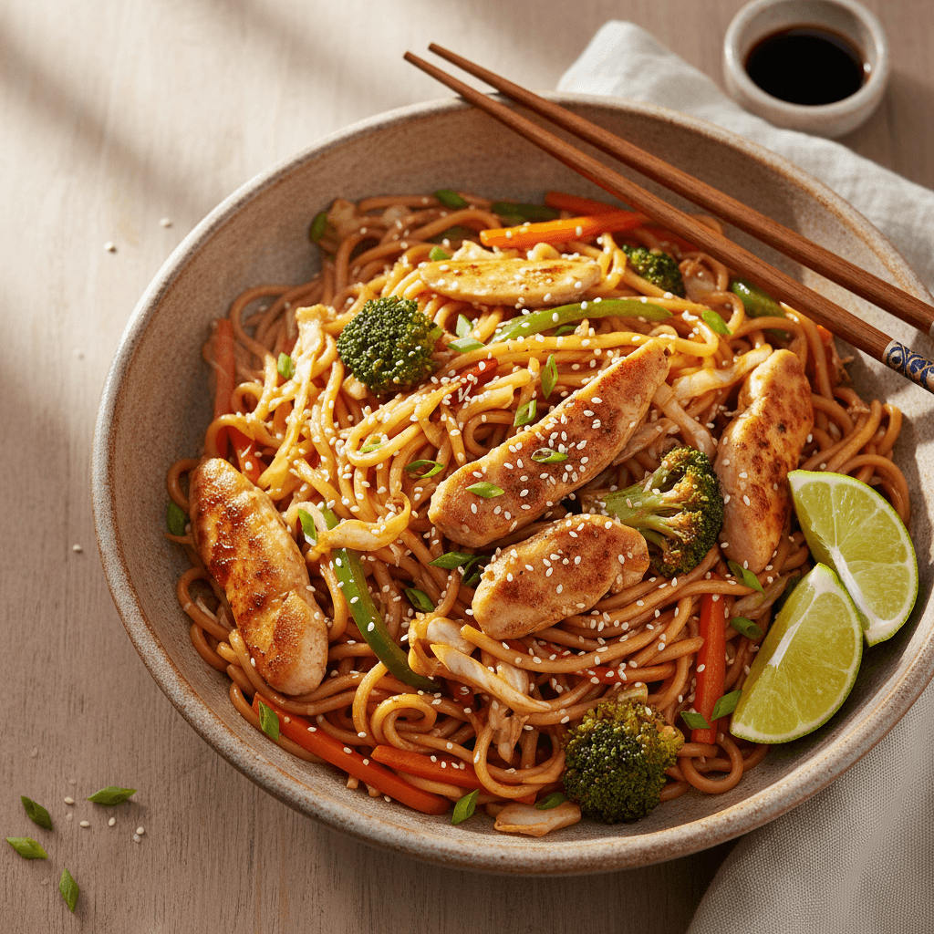 닭고기와 채소가 들어간 볶음면