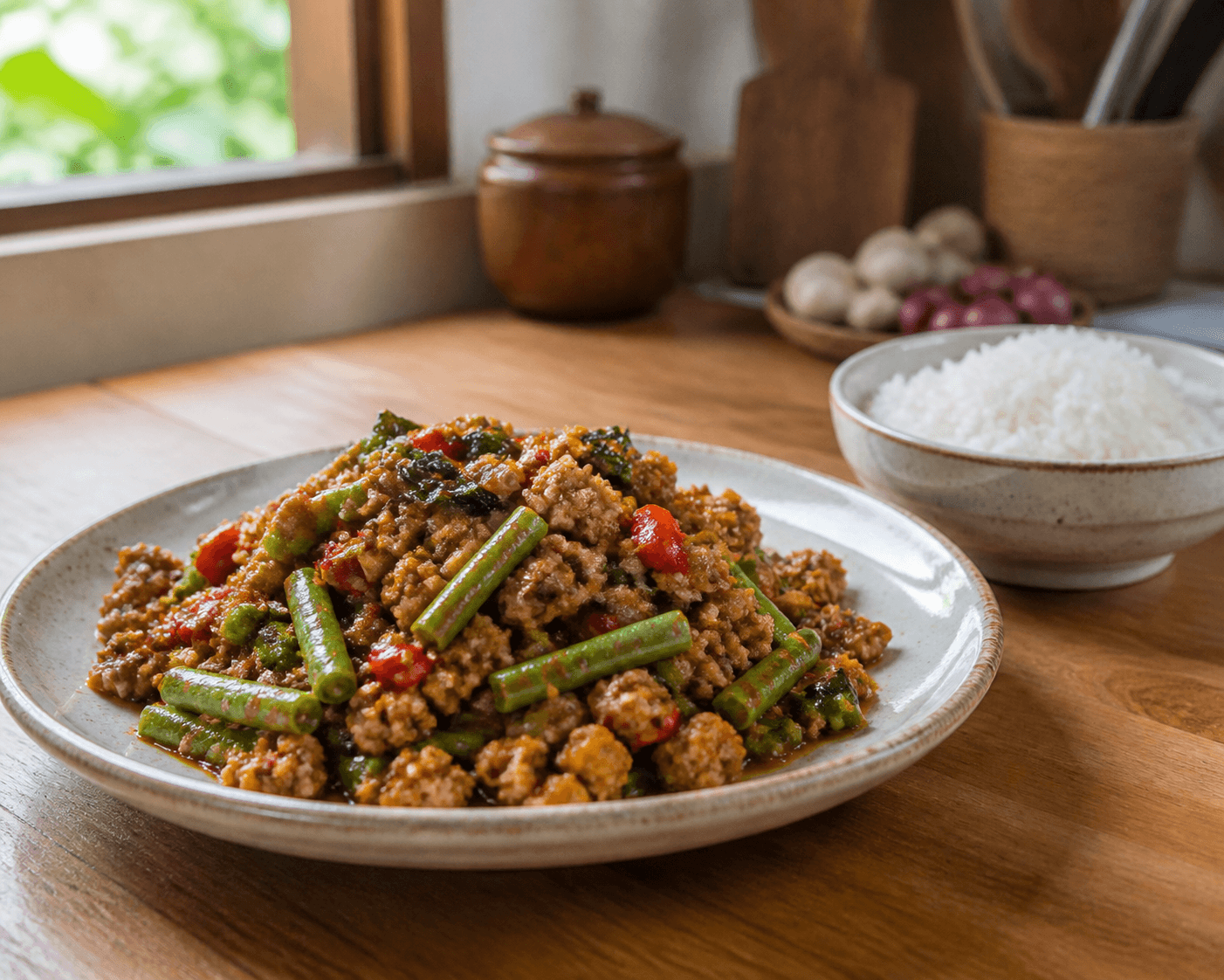Thai Red Curry Minced Pork and Long Bean Stir-Fry