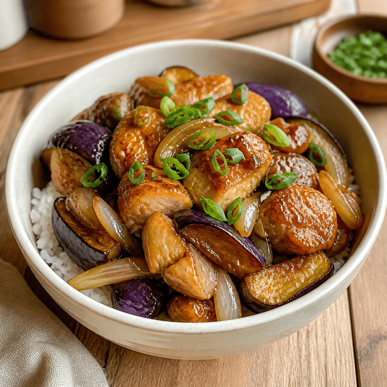 Kinderfreundliche Reisschale mit Soja-Aubergine und Hähnchen