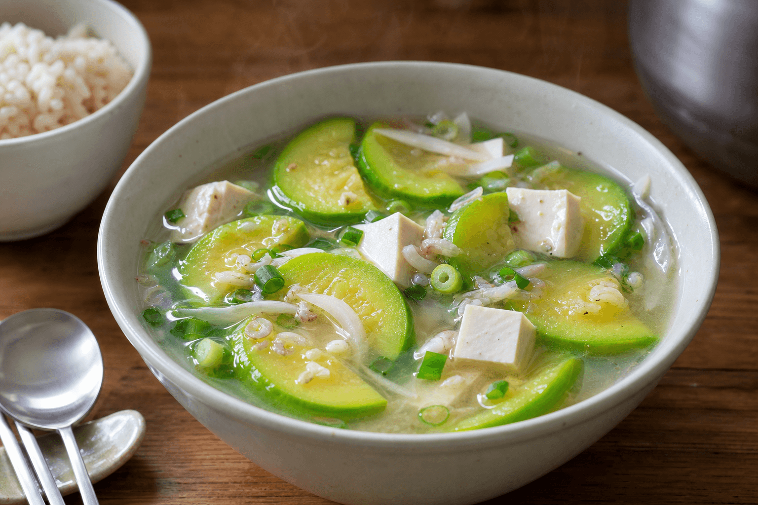 子供もよく食べるズッキーニと豆腐のエビ塩スープ