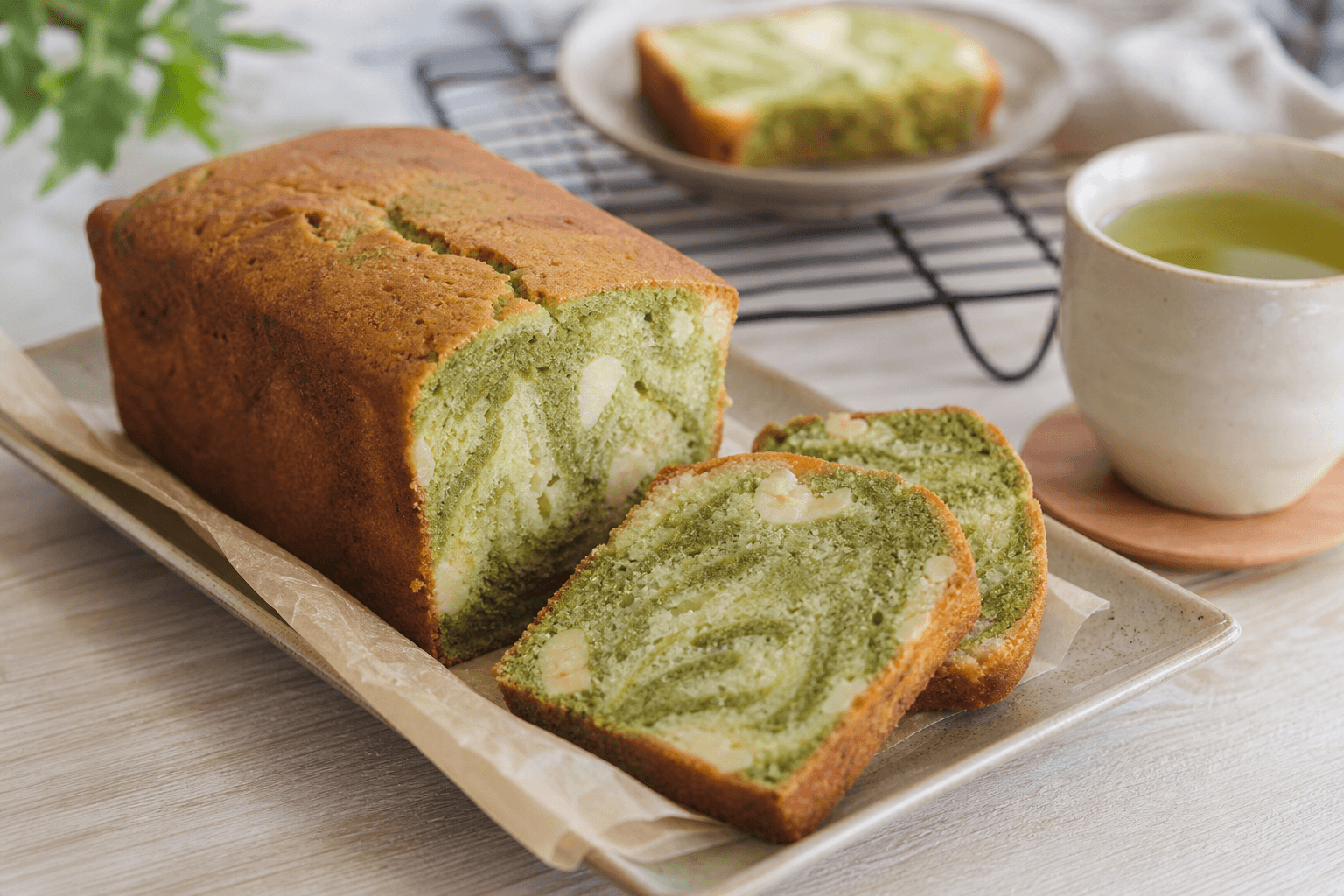 Matcha- und weiße Schokolade Marmorkuchen