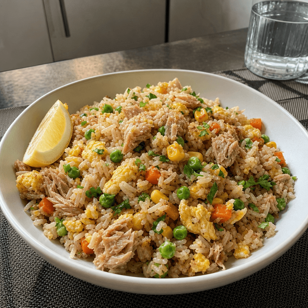 Arroz con atún y huevo en sartén