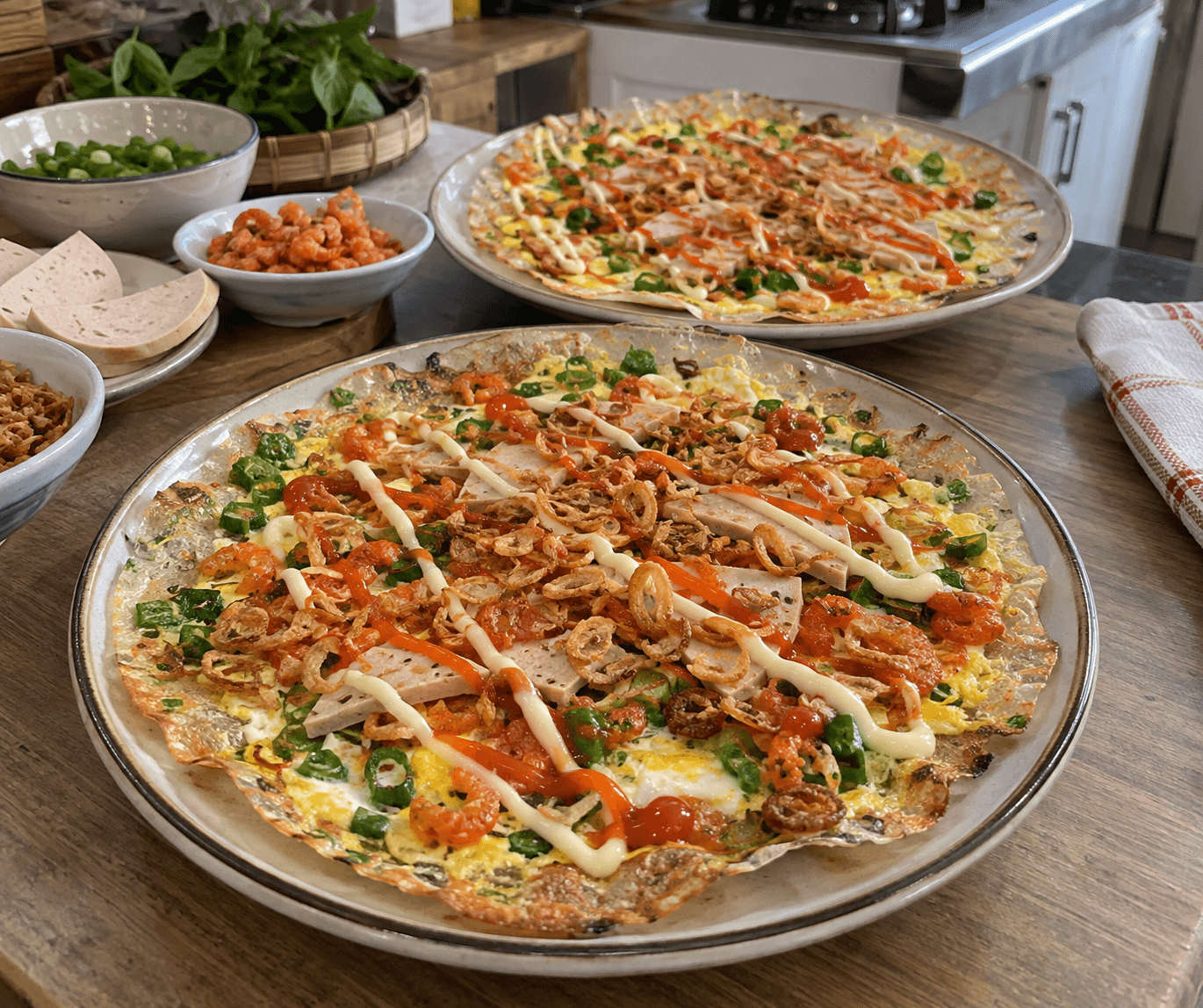 Galette de riz grillée à la poêle, œuf et crevettes séchées