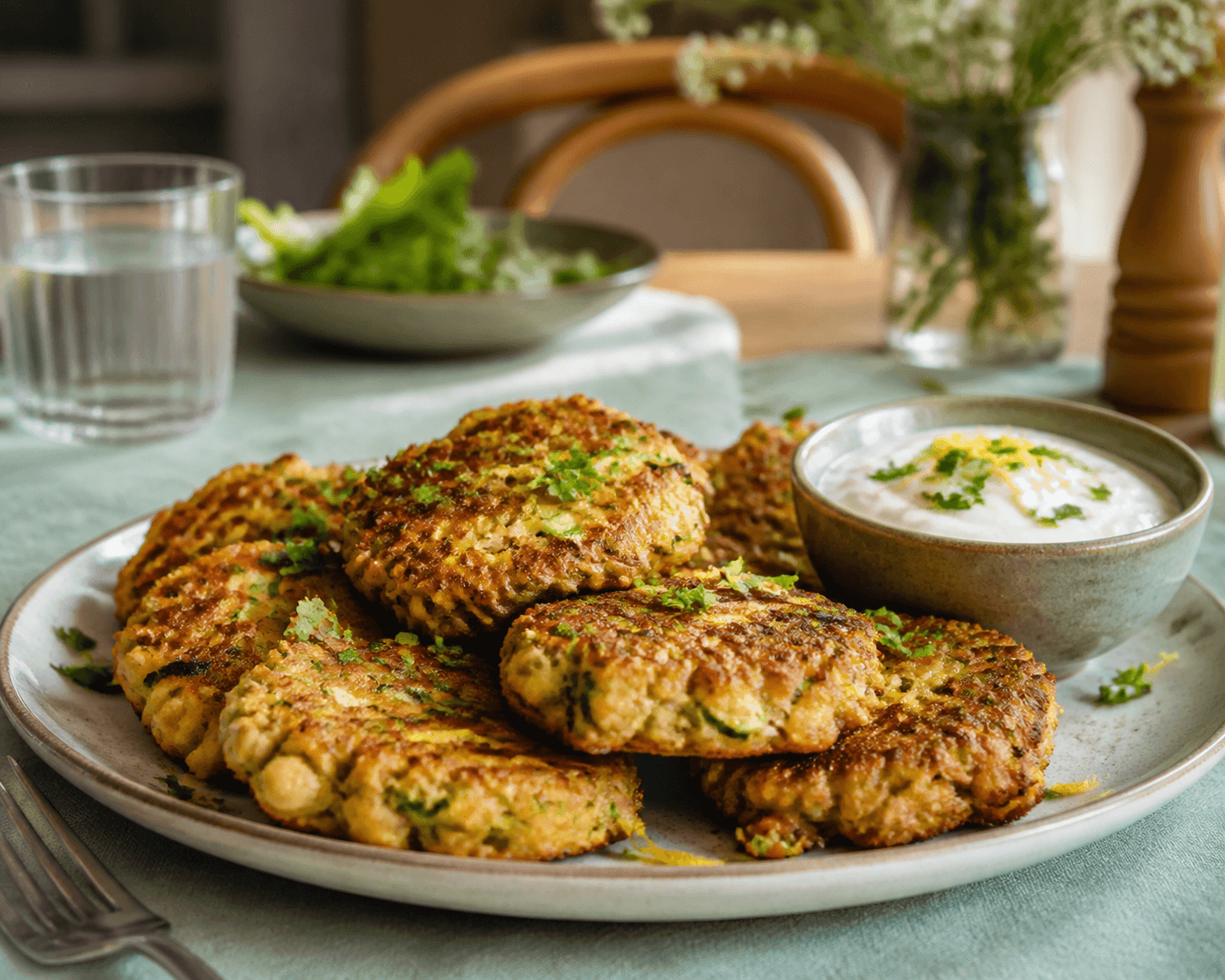 Zucchini and Chickpea Fritters with Lemon Yogurt Sauce