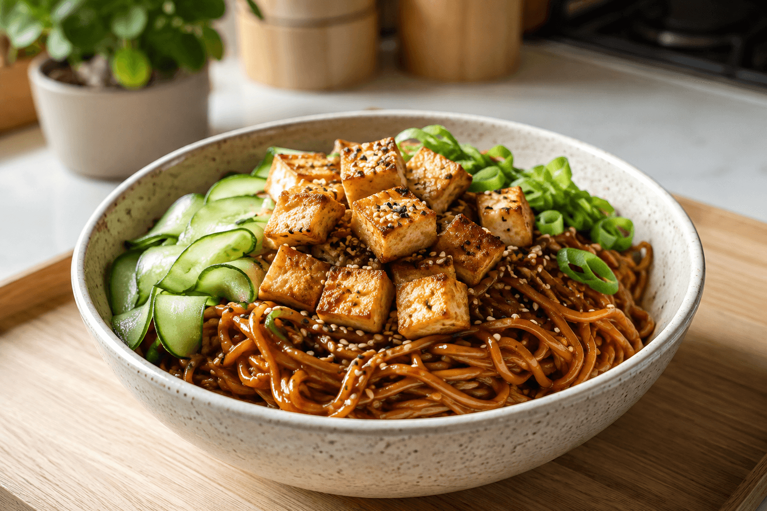 Gochujang Peanut Soba with Crispy Tofu