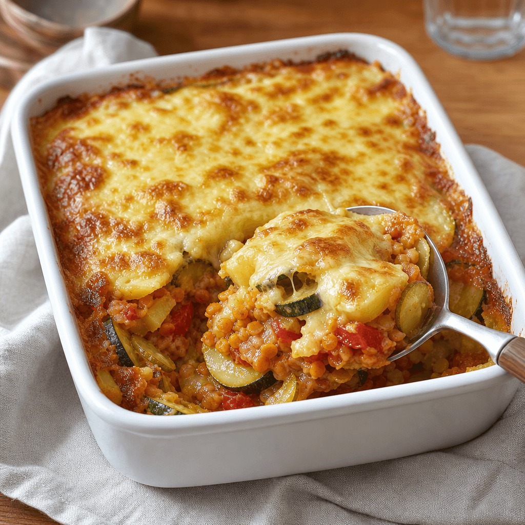 Gratin de lentilhas corais, abobrinhas e batatas