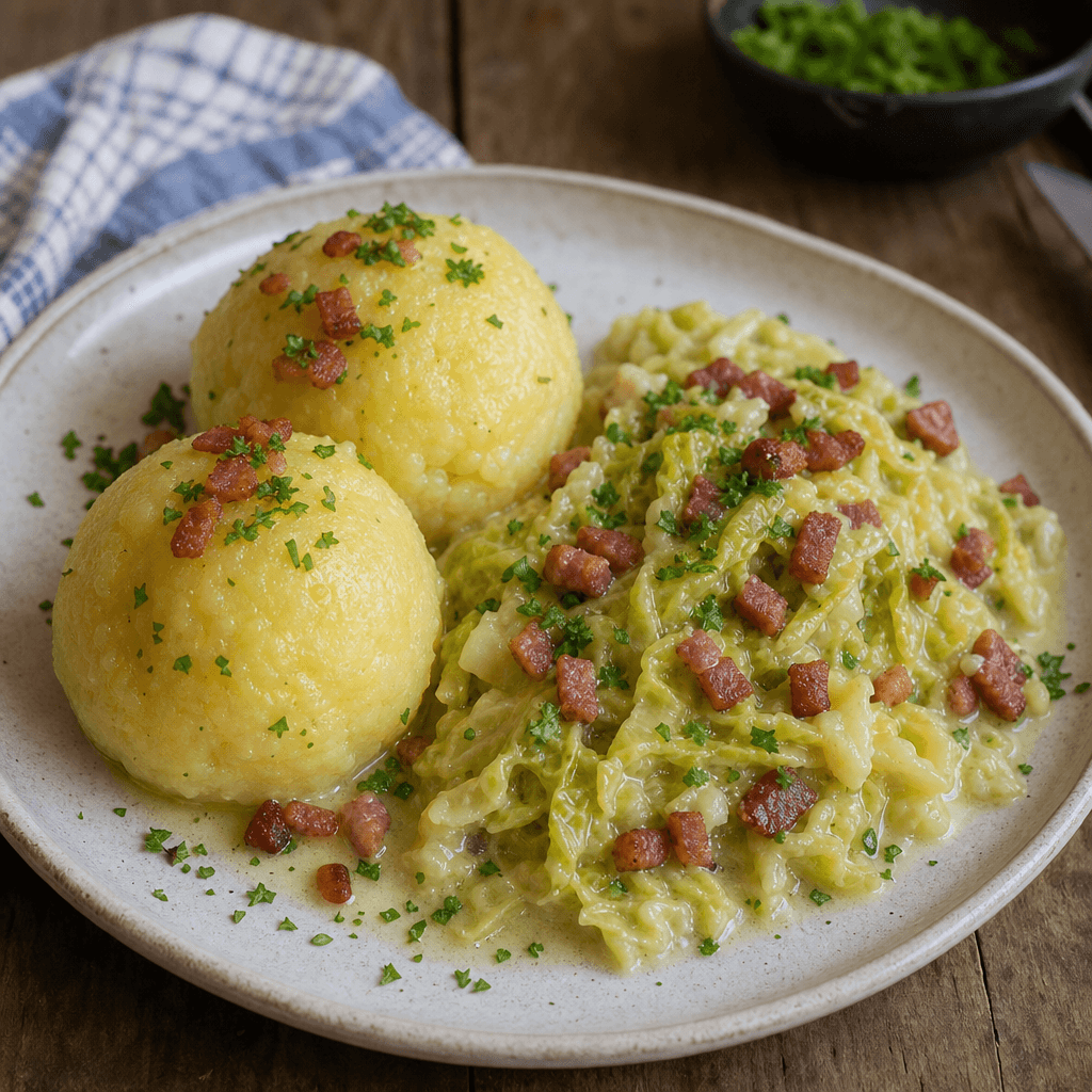 Knödel Kentang dengan Kol Krim dan Bacon