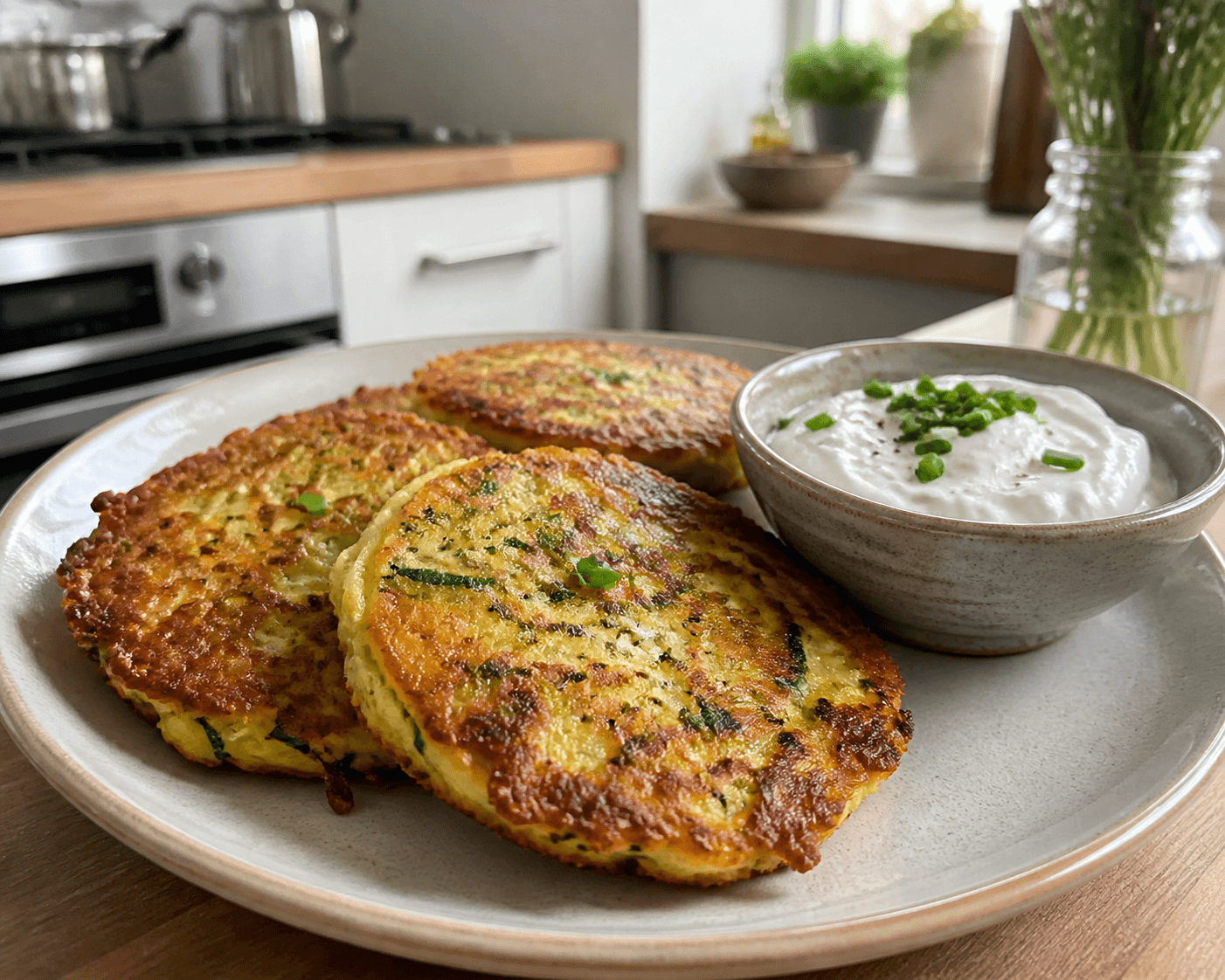 Knusprige Kartoffel-Zucchini-Puffer mit Zitronen-Kräuterquark