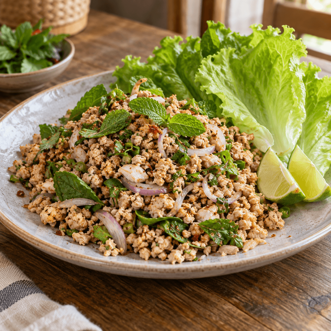 Larb de poulet aux herbes et riz grillé