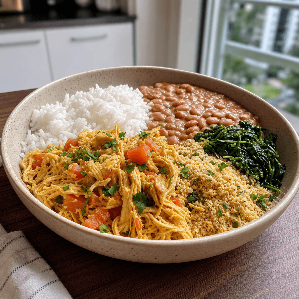 Mexidinho de Poulet, Haricots et Farofa à l'Ail