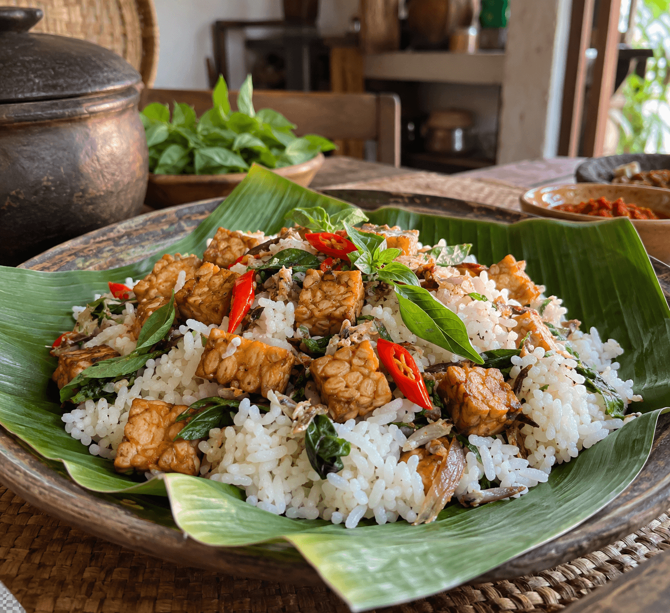 Nasi Liwet mit Tempeh und Basilikum aus dem Reiskocher