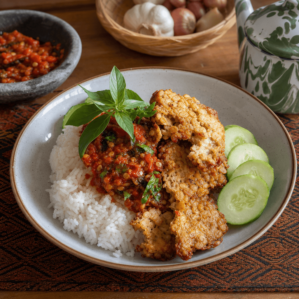 Arroz Tempe Penyet com Sambal de Manjericão
