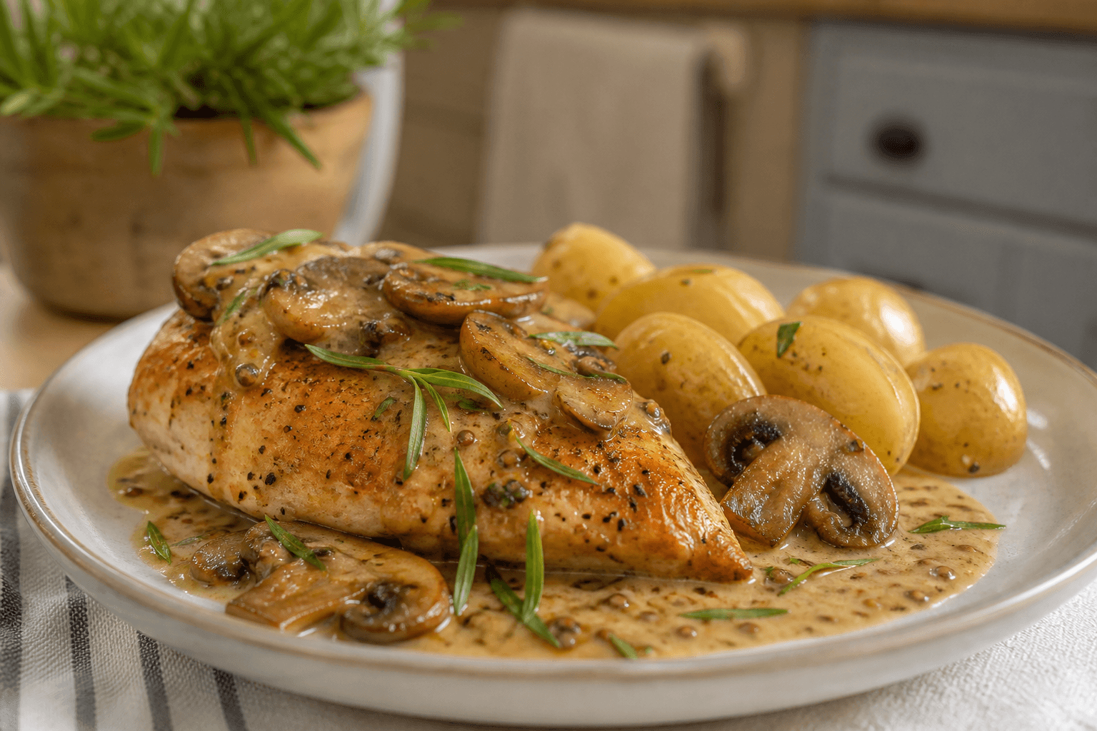 Poulet poêlé, champignons, sauce moutarde à l’estragon