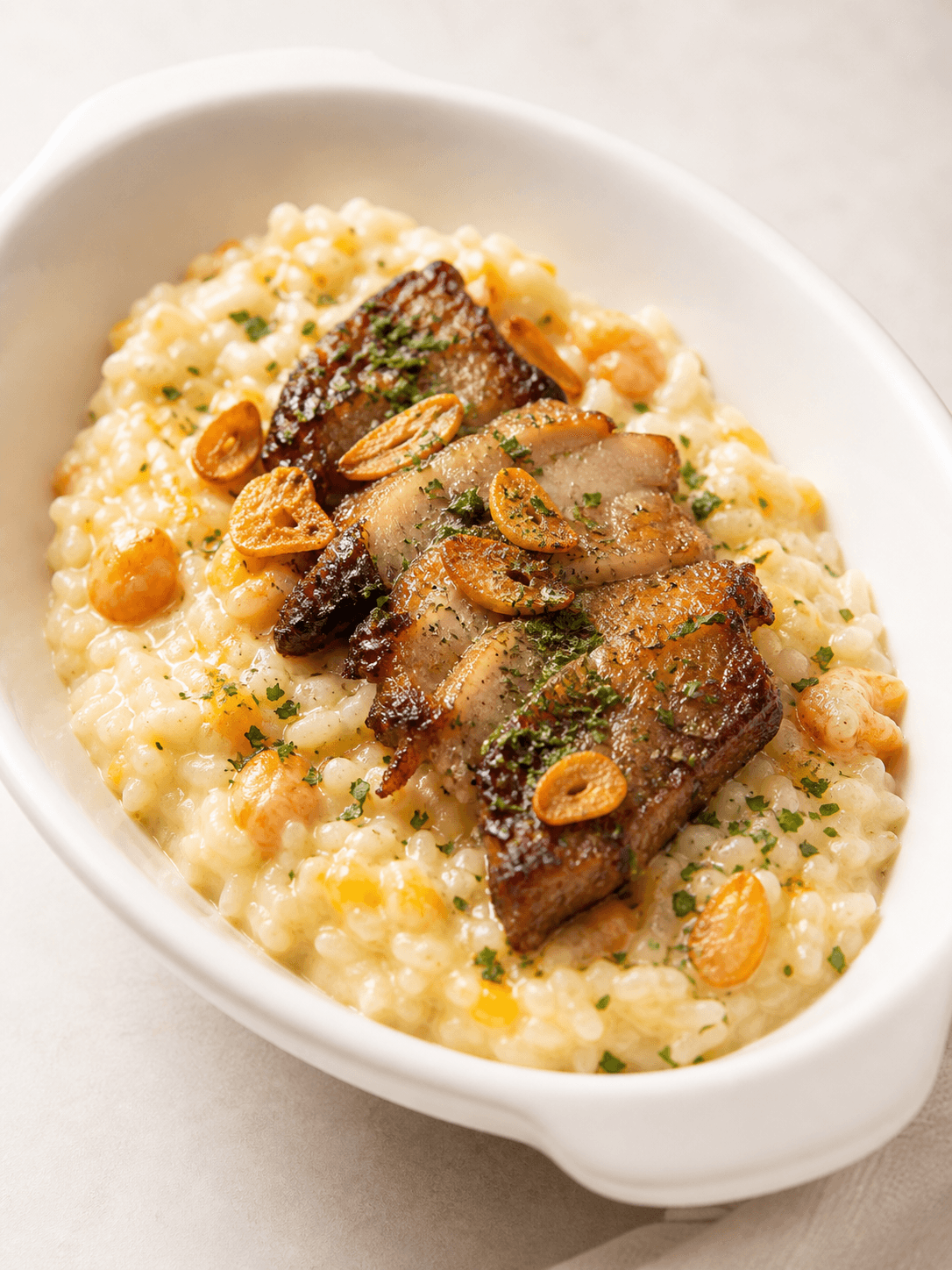Chashu Knoblauch Käse Risotto