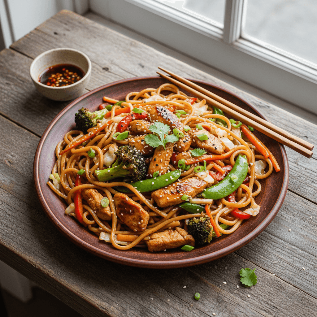 鶏肉と野菜の炒めヌードル