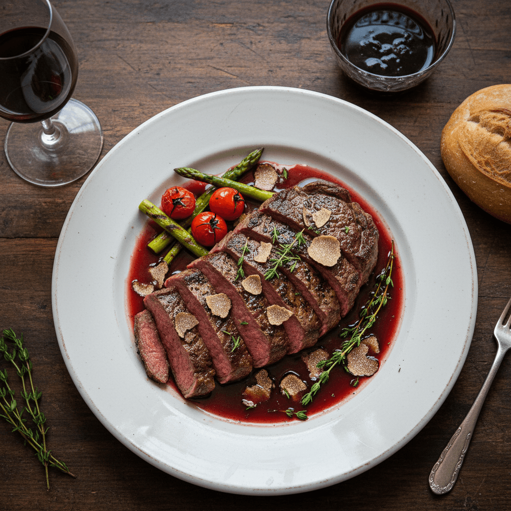 트러플 오일 풍미의 채끝 스테이크 & 레드와인 소스