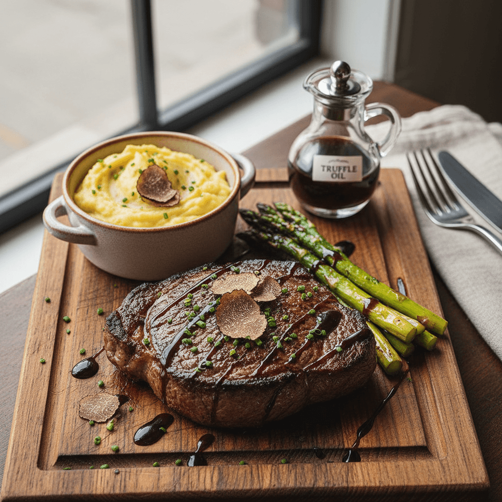 트러플 오일 풍미의 채끝 스테이크와 발사믹 글레이즈